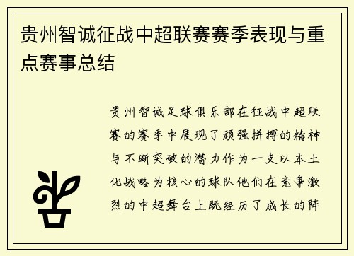 贵州智诚征战中超联赛赛季表现与重点赛事总结